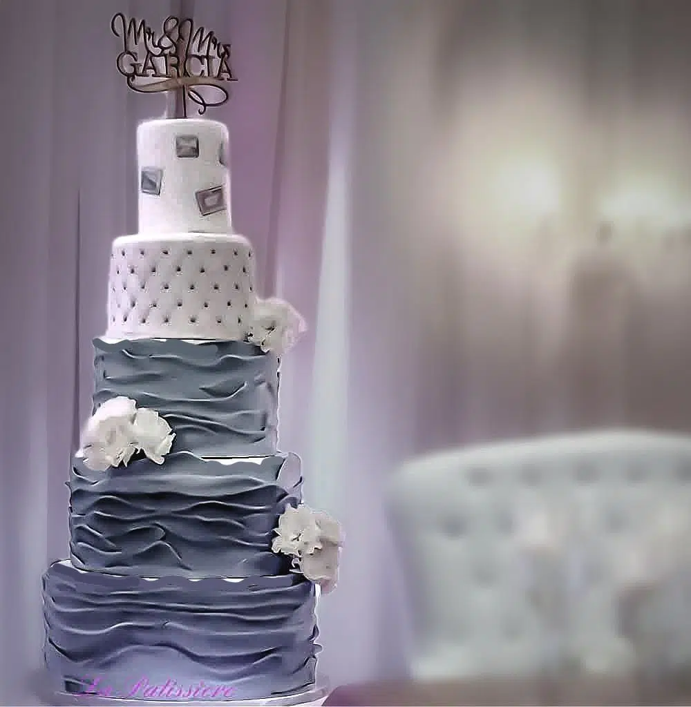 Passport Stamps Ruffles Tiered Wedding Cake