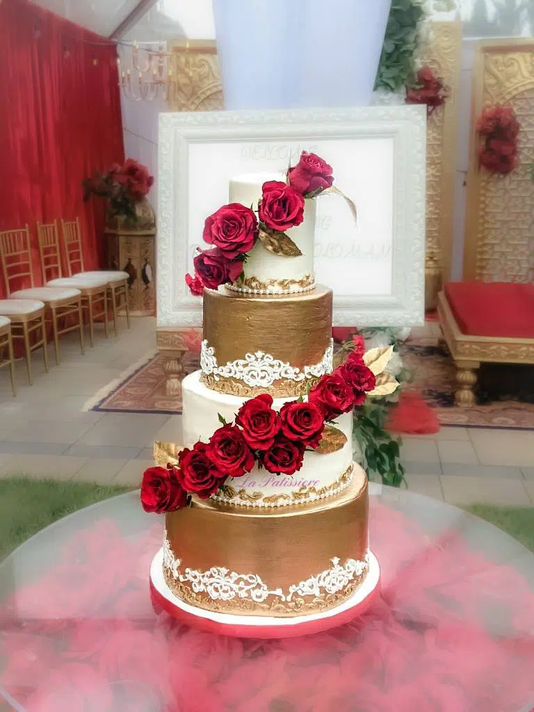 Red Cascade Gold and White Wedding Cake