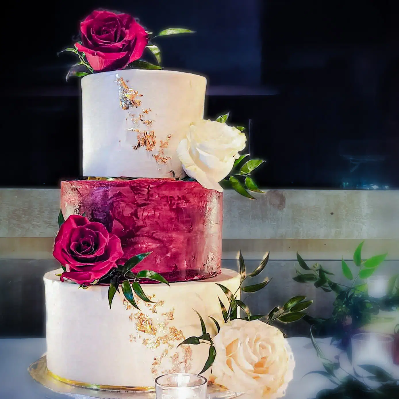 Three Tier Deep Red & White Wedding Cake