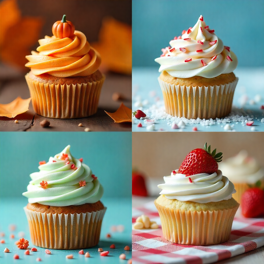 Seasonal cupcakes styled for fall, winter, spring, and summer with frosting and decorations.