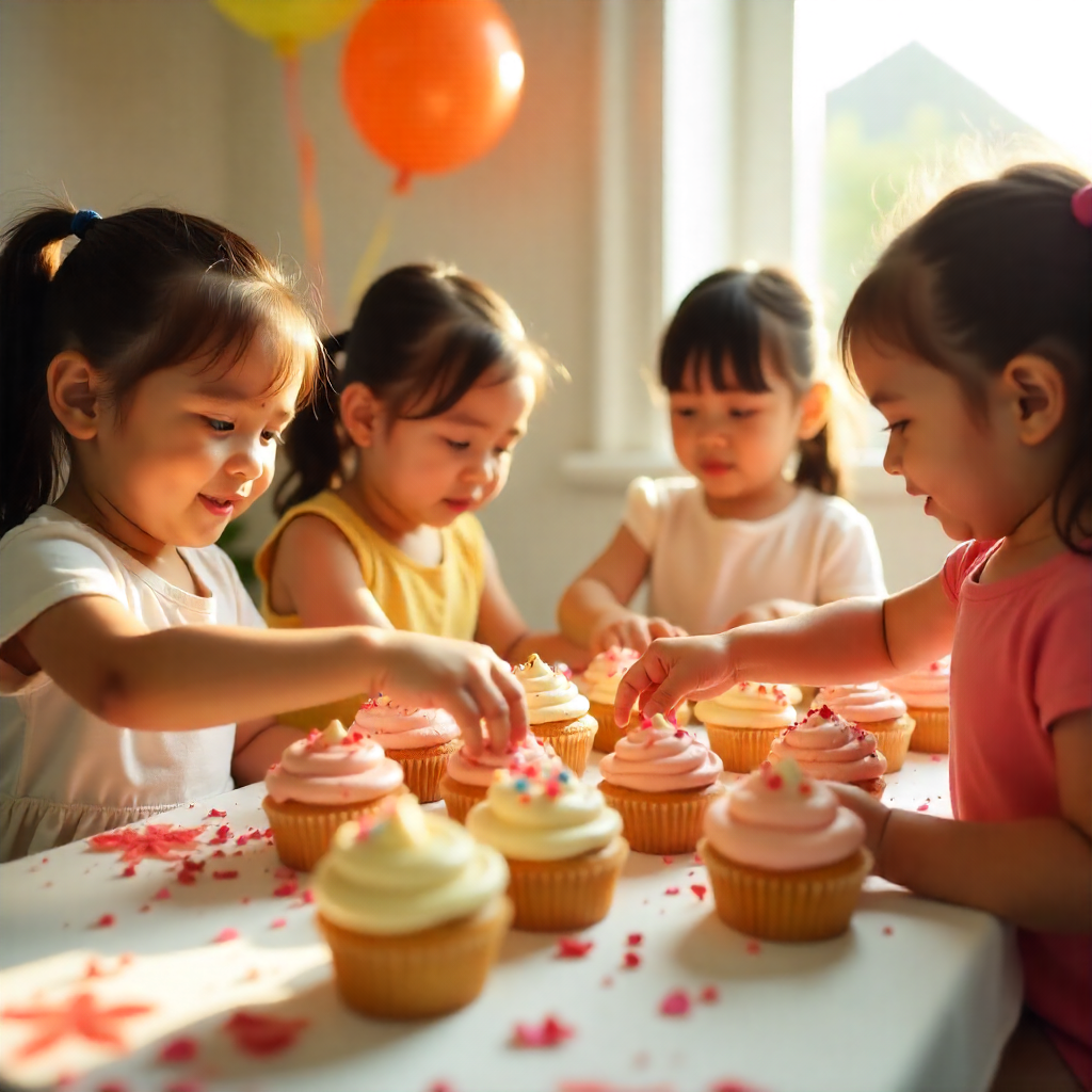 Cupcakes on a party dessert table with kids having fun with them.