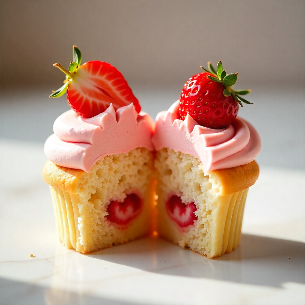 Close-up of a split cupcake frosting swirl with strawberries
